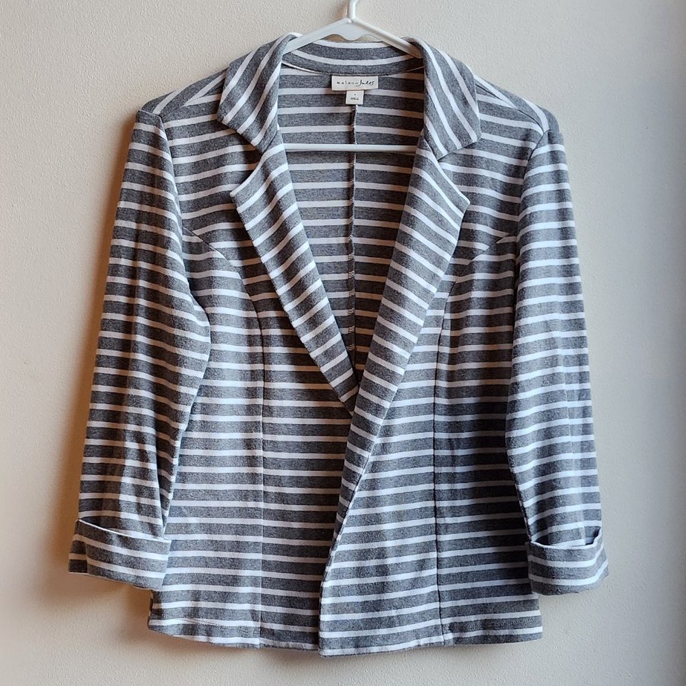 Maison Jules Gray/White Striped Knit Open Blazer Size Small